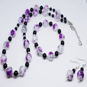 Purple & White Splatter Glass Beaded Trio Set